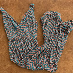 Loveappella Teal/Orange Geometric Print Maxi, Women's XS